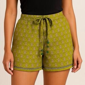 Junglee Billee Bohemian Green Print Shorts w/ Tassel Tie & Pockets NEW FREE SIZE